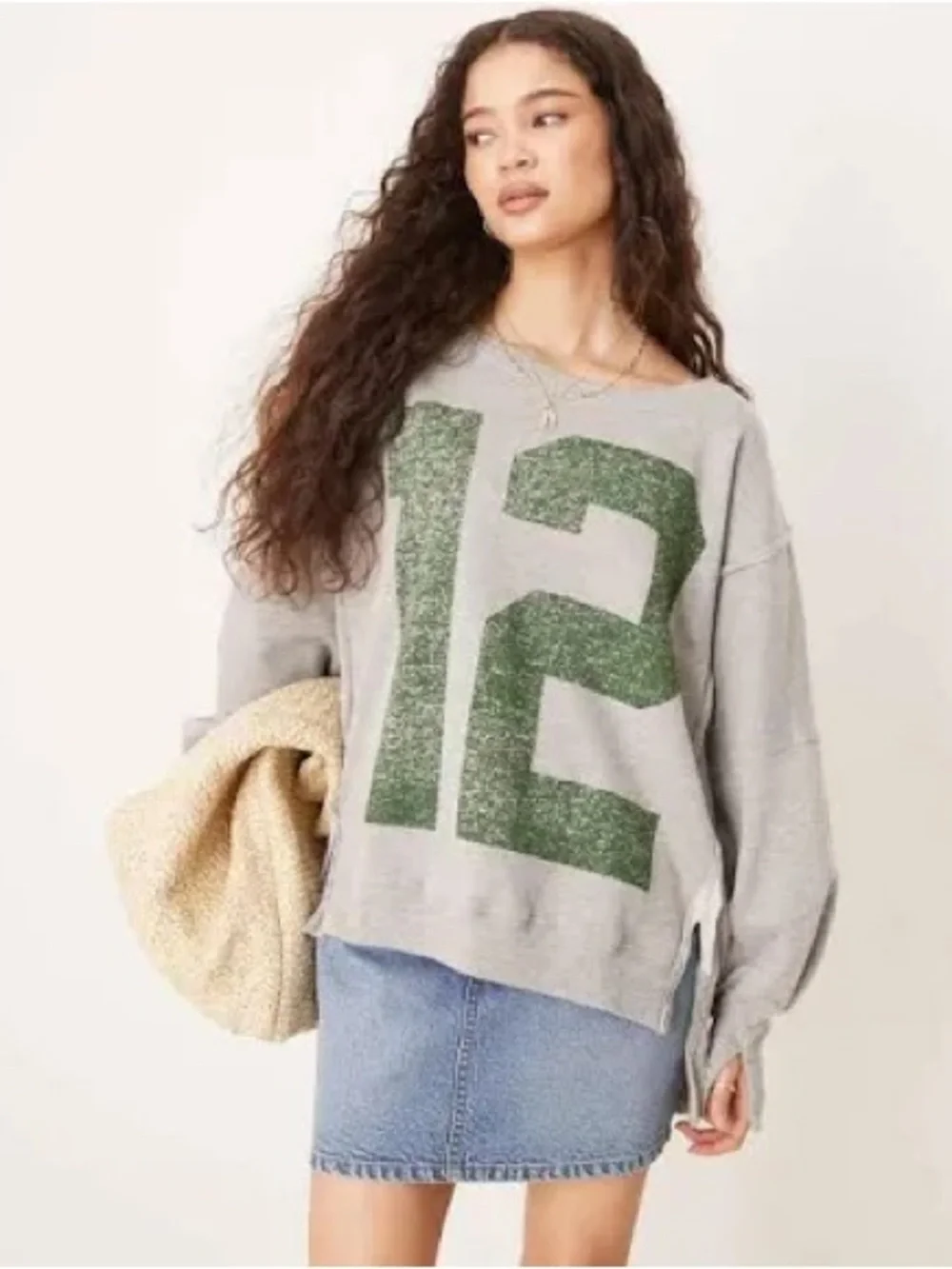Free People graphic print oversized sweater in gray and green small